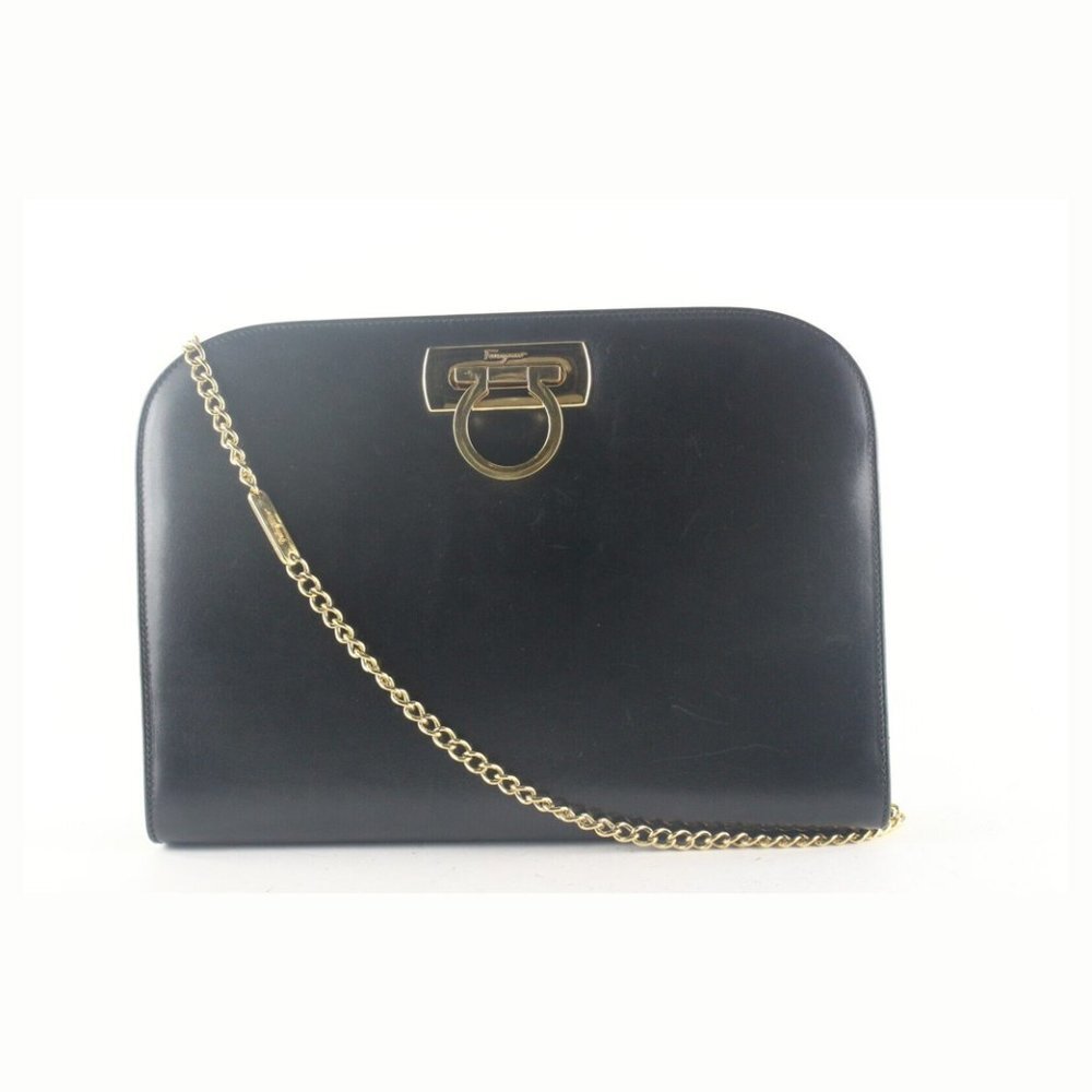 FERRAGAMO Black Leather Gancini Turnlock Chain Crossbody 1SF87K